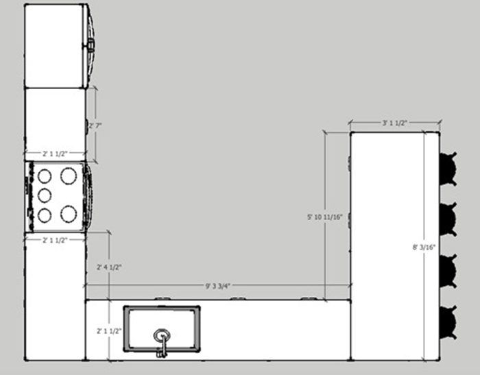 Using design software to plan your kitchen will help a ton when you need exact measurements -- this is the floor plan of our kitchen from above, in SketchUp.