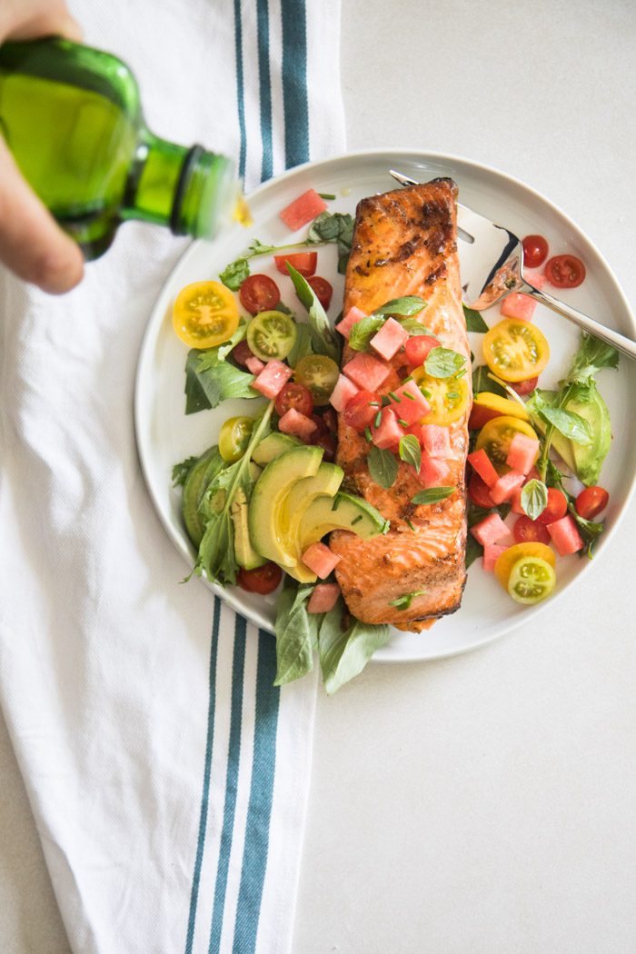 In Season: Grilled Salmon with Basil, Watermelon & Tomatoes - Hither ...